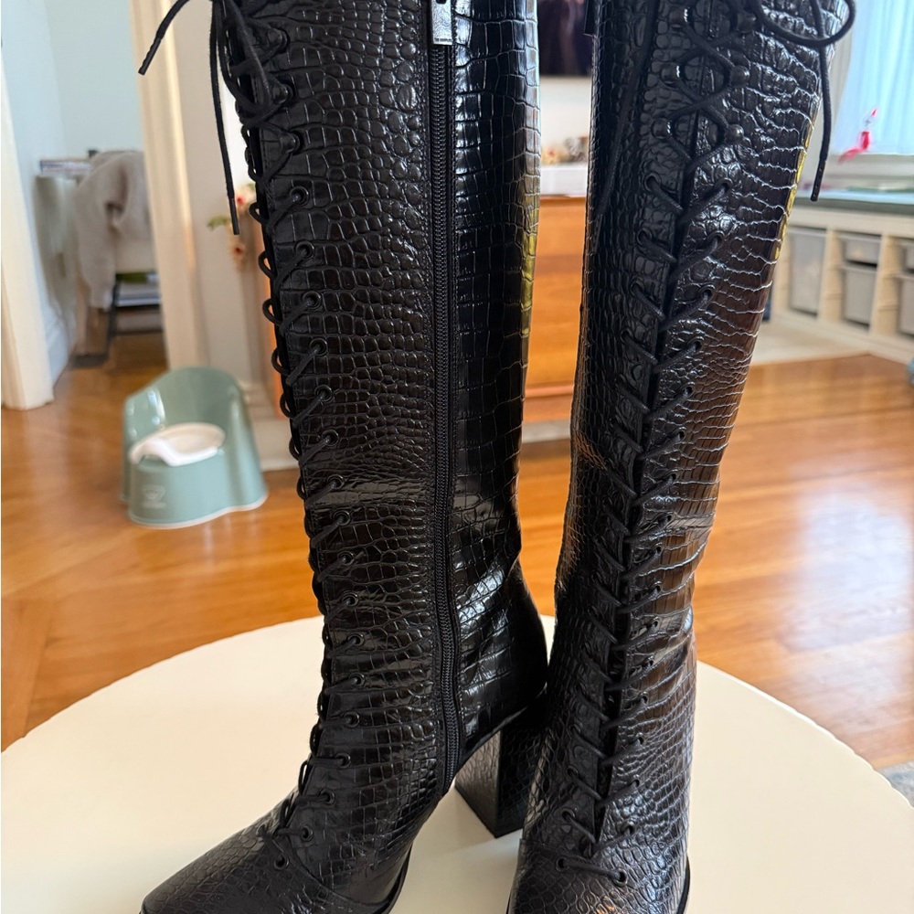 Kooples Black Crocodile-Embossed Knee-High Boots